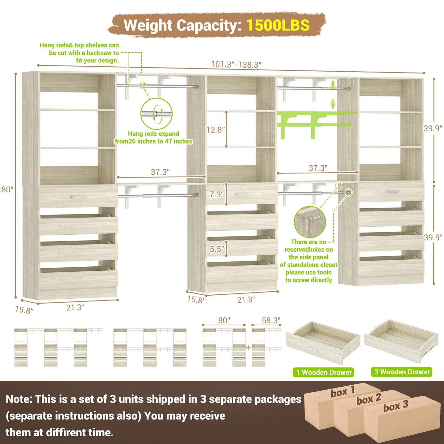 3-Piece L-Shaped Walk-in Closet Organizer System, 138.5" Wood Closet Tower with 12 Drawers & 4 Expandable Hanging Rods, Customizable Wardrobe Storage Set for Bedroom, Apartment