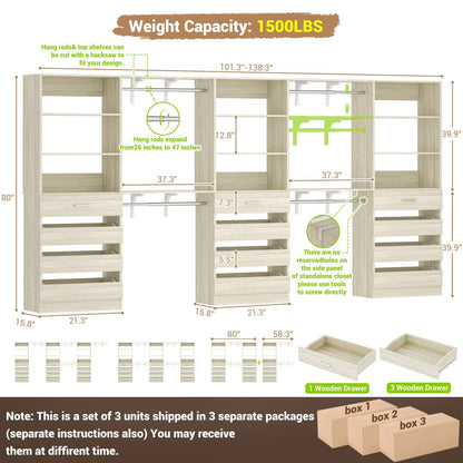 3-Piece L-Shaped Walk-in Closet Organizer System, 138.5" Wood Closet Tower with 12 Drawers & 4 Expandable Hanging Rods, Customizable Wardrobe Storage Set for Bedroom, Apartment