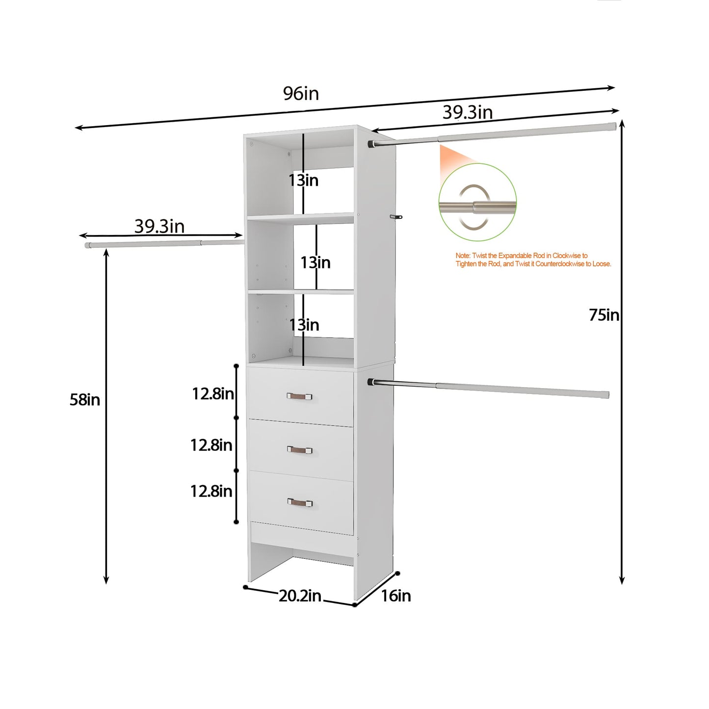 Adjustable 5-8FT Wall-Mounted Closet Organizer System with 3 Hanging Rods & 3 Wood Drawers