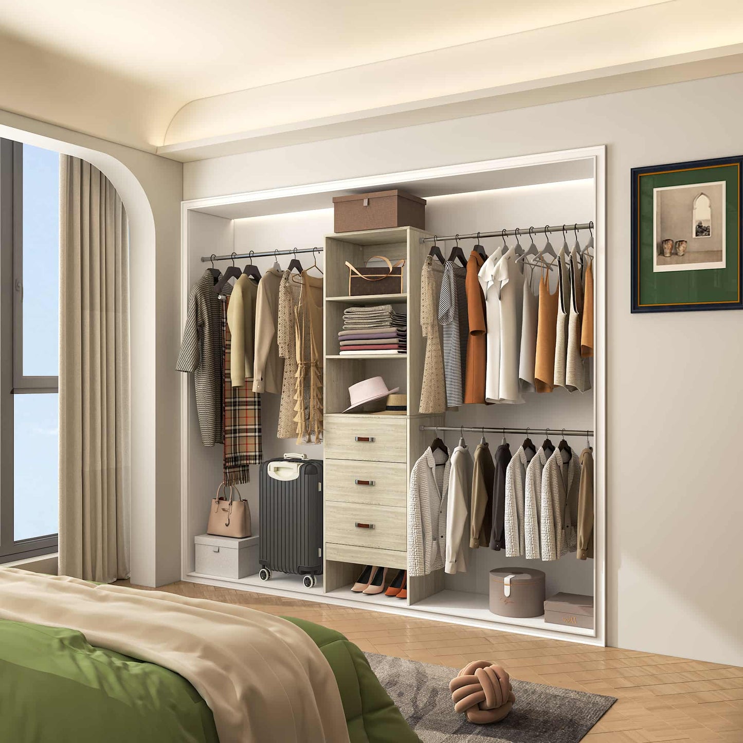 Adjustable 5-8FT Wall-Mounted Closet Organizer System with 3 Hanging Rods & 3 Wood Drawers