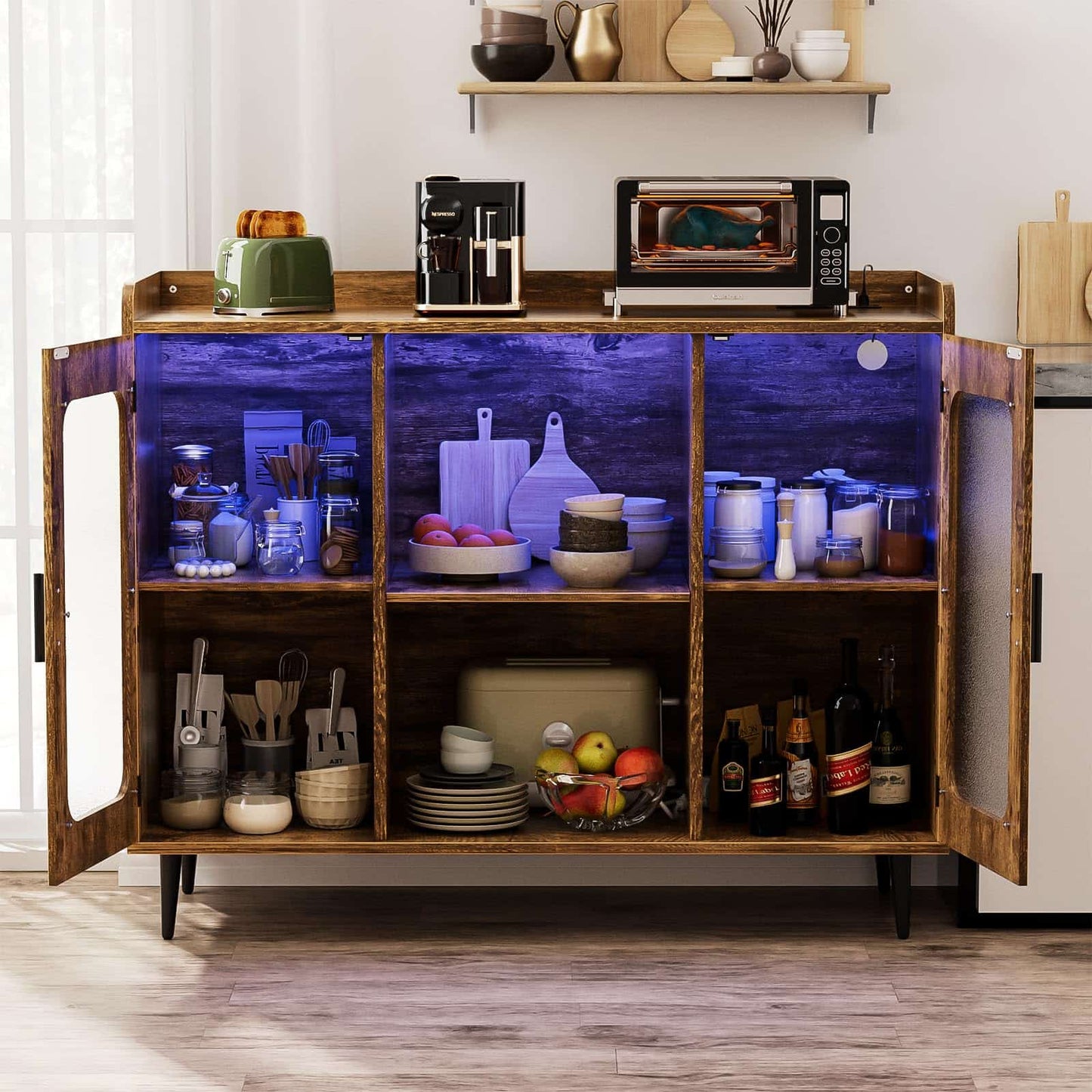 Assembled Wine Bar Cabinet with Power Outlet and LED Lights