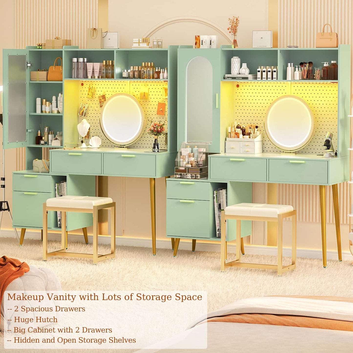 48" Makeup Vanity with Hutch, LED Lighted Mirror & Charging Station, 5 Large Drawers, Shelves, Pegboard & Cabinet