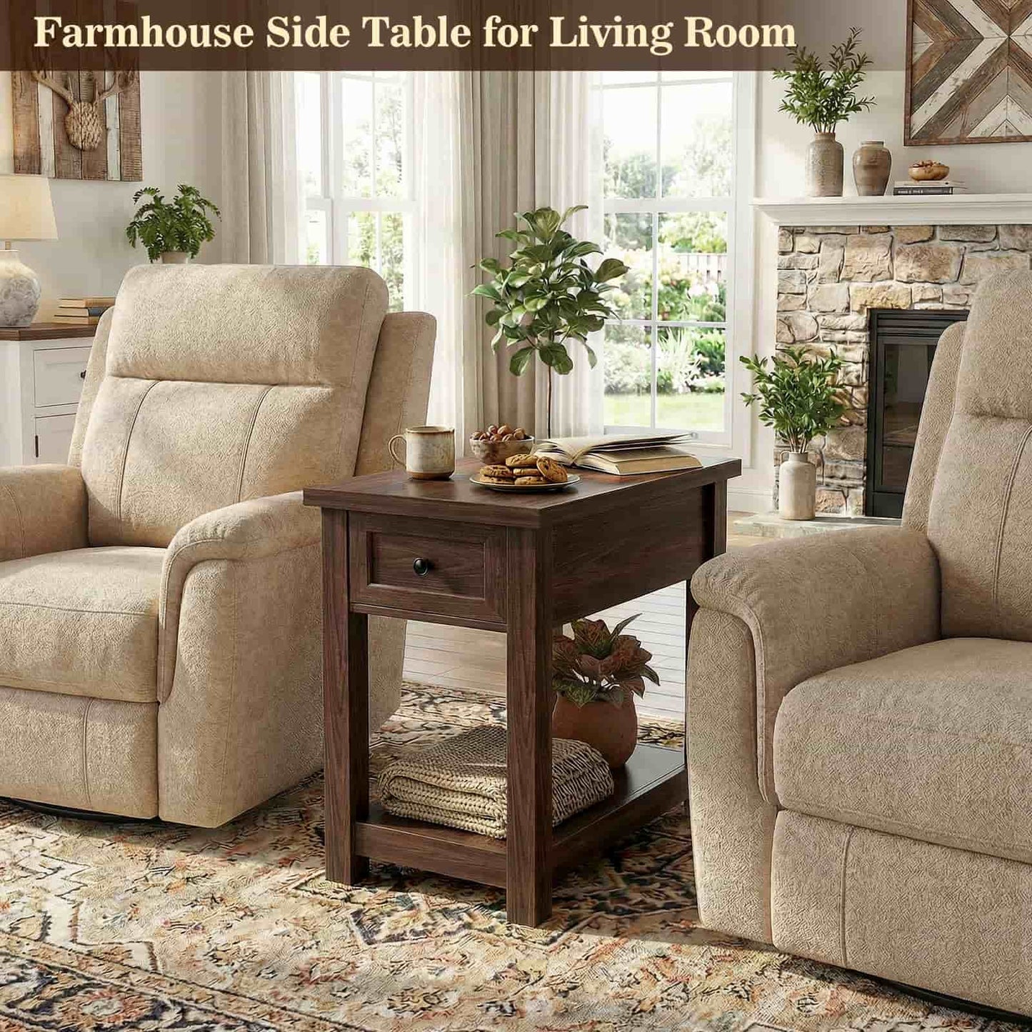 Farmhouse Narrow End Table with Built-in Charging Station – USB Ports & AC Outlets, Drawer & Open Shelf, Slim Side Table