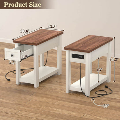 Farmhouse Narrow End Table with Built-in Charging Station – USB Ports & AC Outlets, Drawer & Open Shelf, Slim Side Table