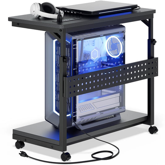 4 Levels Height Adjustable Computer Tower Stand with Power Strips - Mobile Under-Desk CPU Holder with Wheels, 24"
