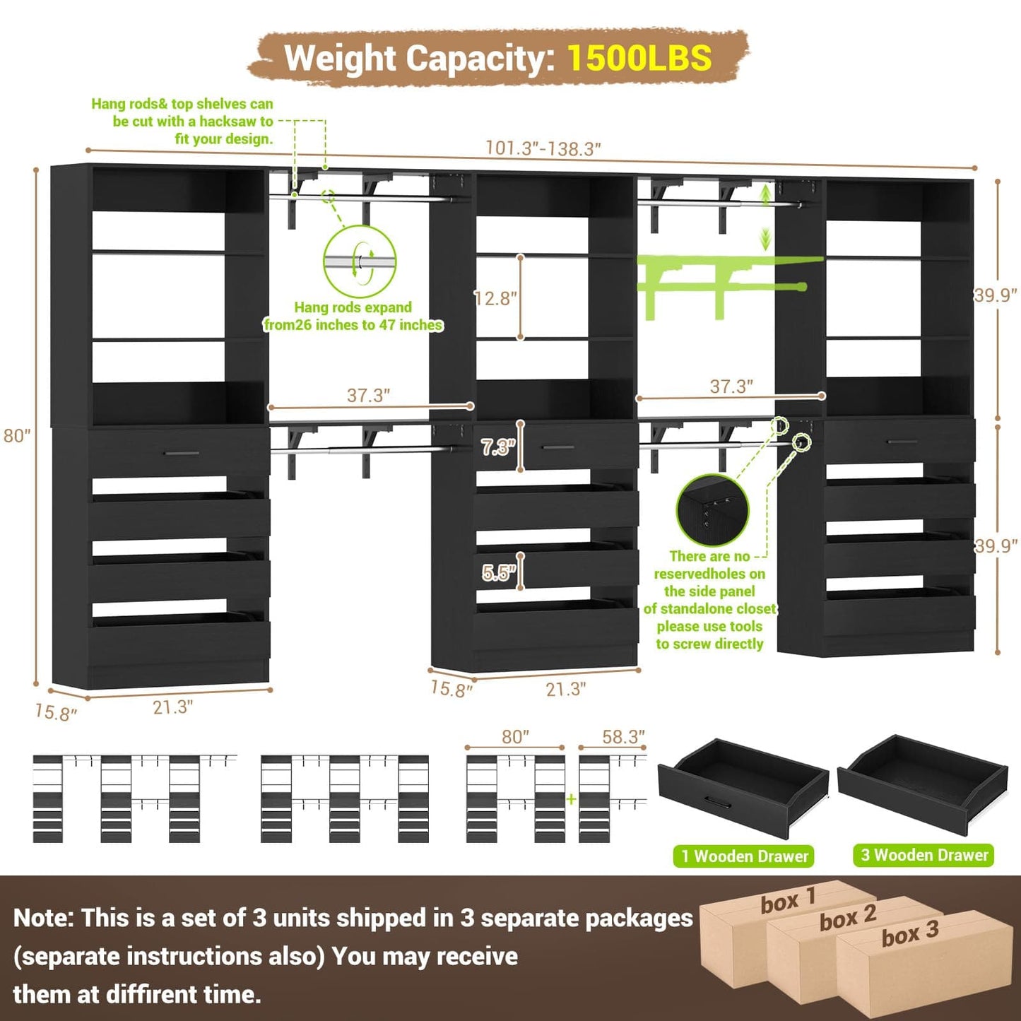 3-Piece L-Shaped Walk-in Closet Organizer System, 138.5" Wood Closet Tower with 12 Drawers & 4 Expandable Hanging Rods, Customizable Wardrobe Storage Set for Bedroom, Apartment