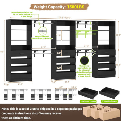 3-Piece L-Shaped Walk-in Closet Organizer System, 138.5" Wood Closet Tower with 12 Drawers & 4 Expandable Hanging Rods, Customizable Wardrobe Storage Set for Bedroom, Apartment