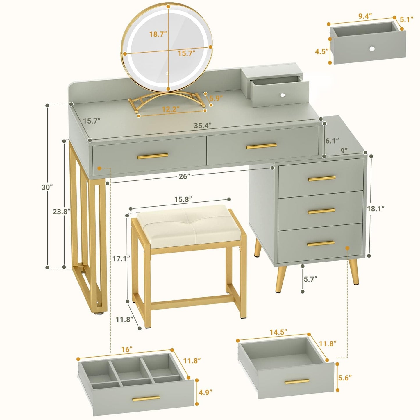 Vanity Desk with Mirror and Lights, Modern Makeup Vanity Table Set with 6 Storage Drawers and Cushioned Stool