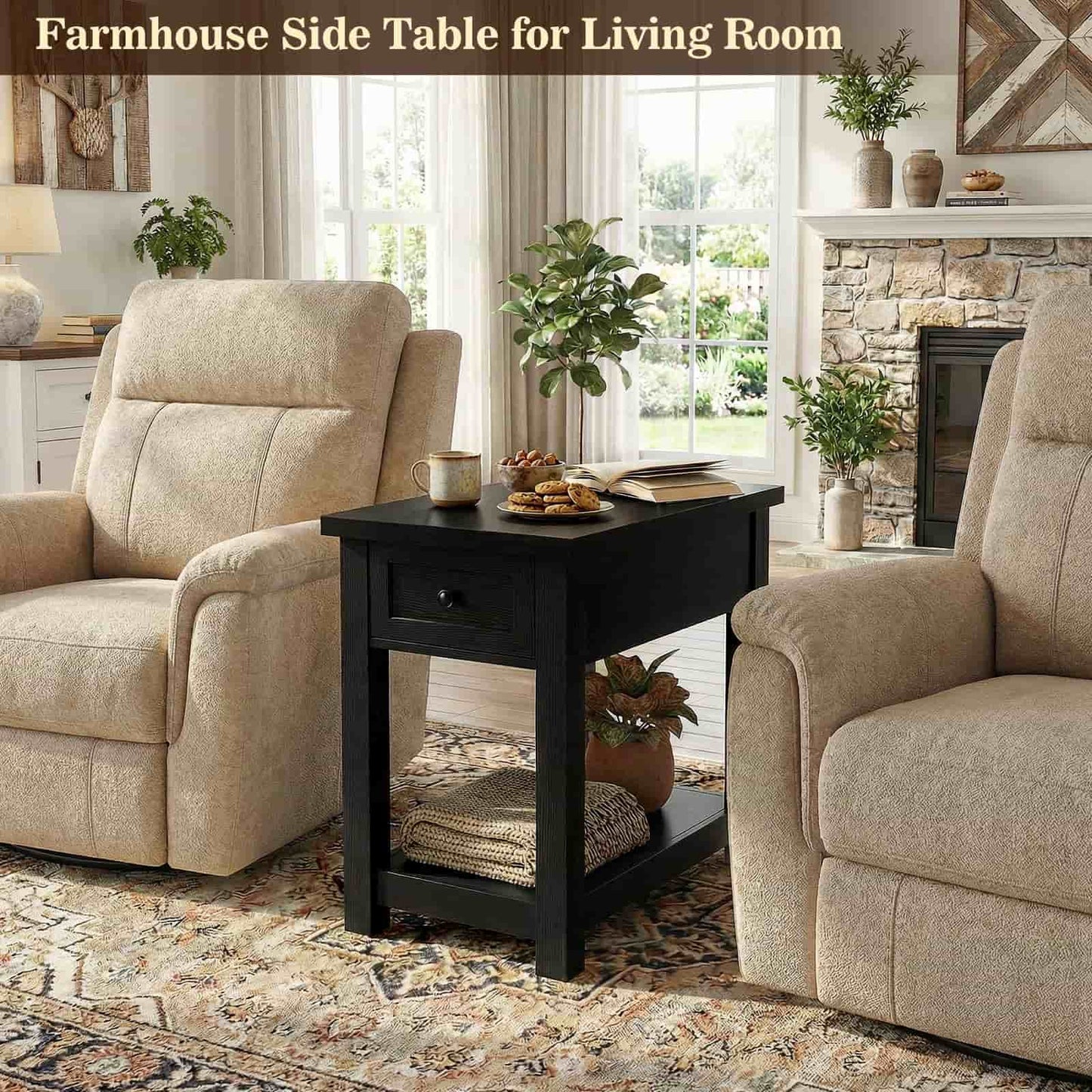 Farmhouse Narrow End Table with Built-in Charging Station – USB Ports & AC Outlets, Drawer & Open Shelf, Slim Side Table