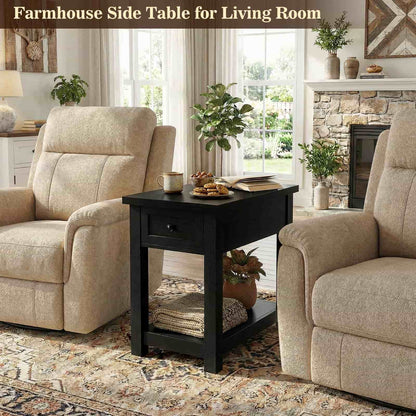 Farmhouse Narrow End Table with Built-in Charging Station – USB Ports & AC Outlets, Drawer & Open Shelf, Slim Side Table