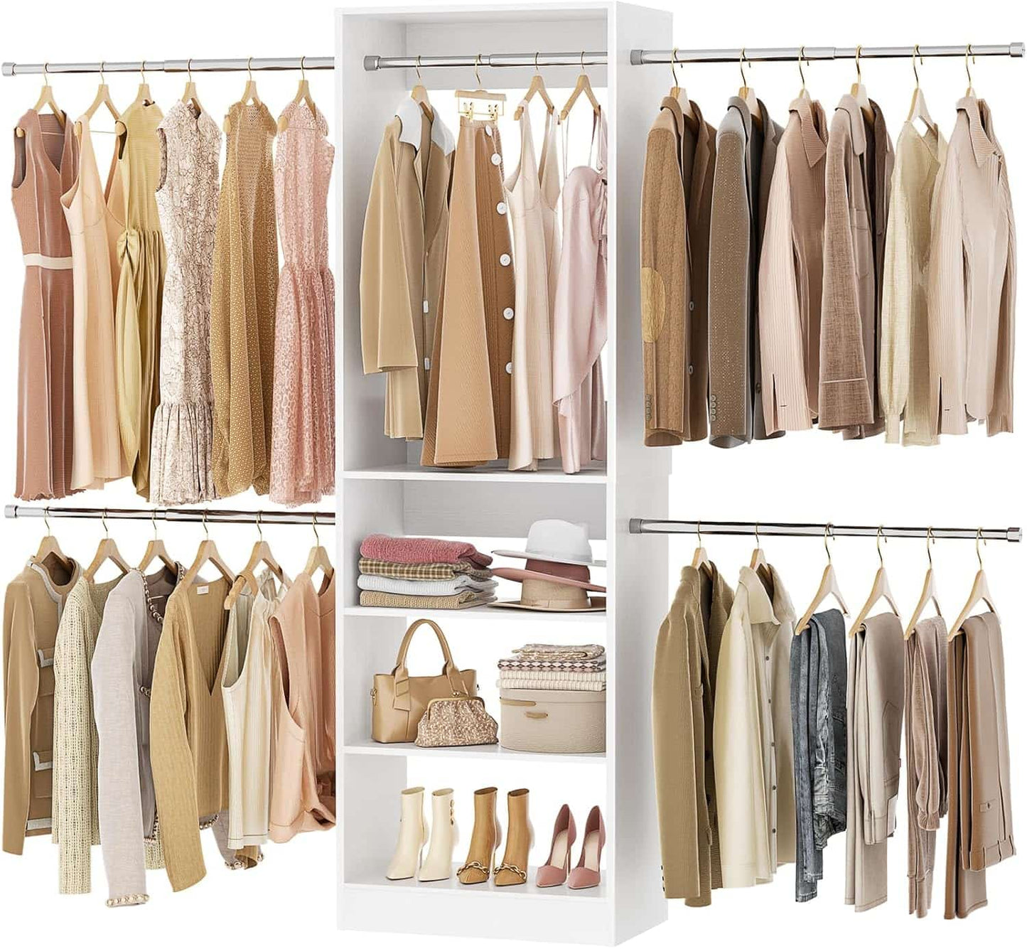 20.5-120'' W Closet Organizer System with 5 Hanging Rods, Shelving Tower