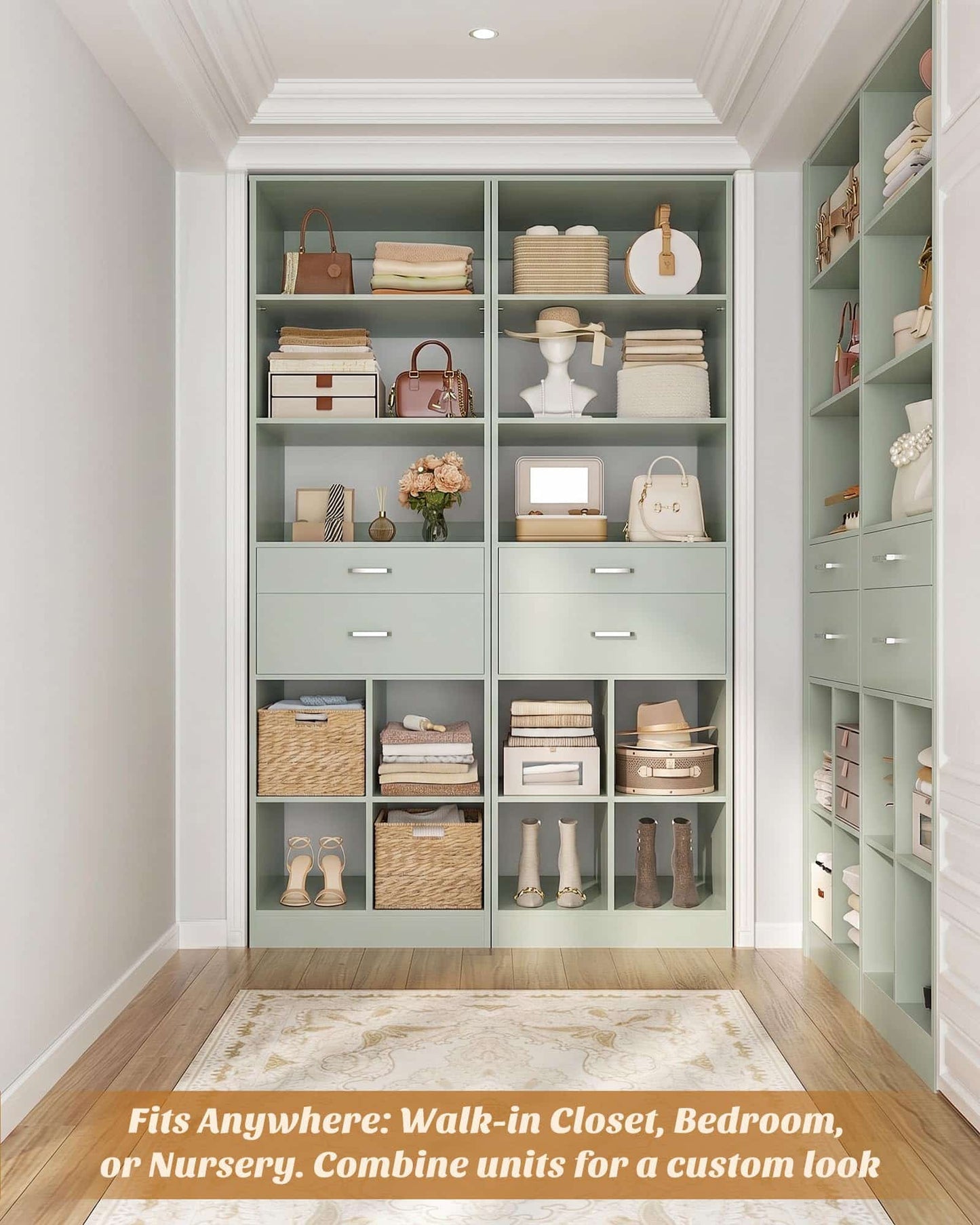 Tall Vertical Closet System, 18.9" Width Freestanding Wardrobe Storage Unit with Adjustable Shelves & Smooth-Glide Drawers