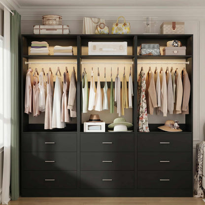 Freestanding Closet System Set - 3-Pack with 3 Wood Drawers Each,With Hanging Rod & Shelves, 24"L x 15"W x 80"H