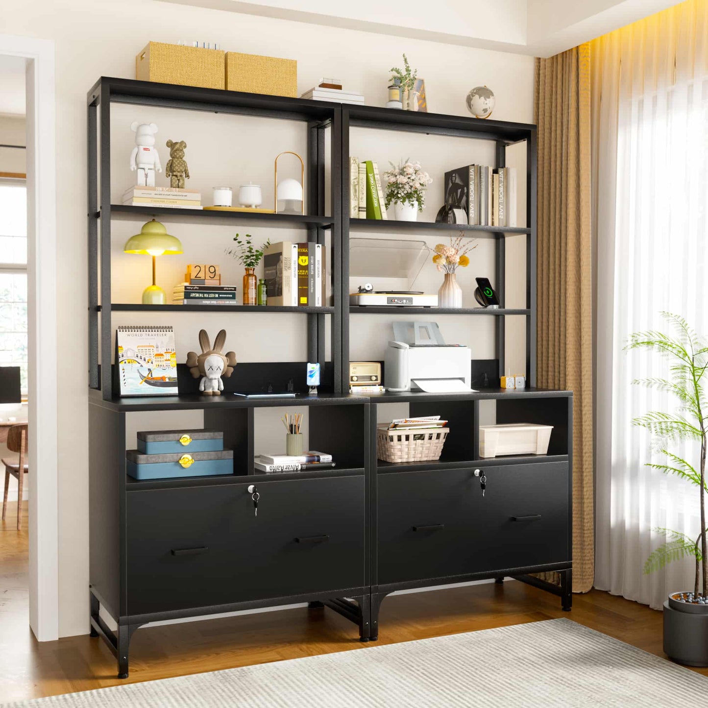 2-Pack Vertical File Cabinet with Shelves, Charging Station, Lock, Large Drawer & Printer Stand