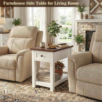 Farmhouse Narrow End Table with Built-in Charging Station – USB Ports & AC Outlets, Drawer & Open Shelf, Slim Side Table