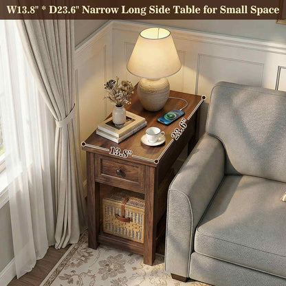 Farmhouse Narrow End Table with Built-in Charging Station – USB Ports & AC Outlets, Drawer & Open Shelf, Slim Side Table
