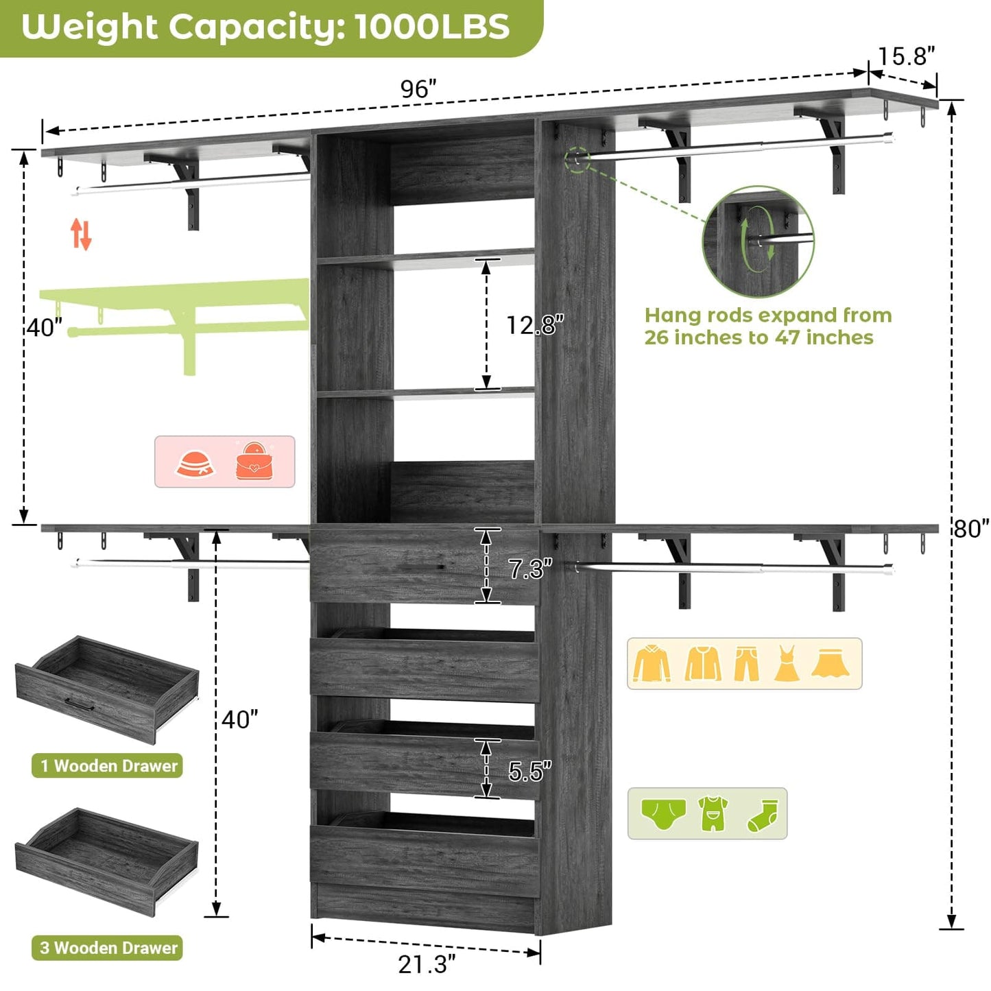 Closet System, 8FT Closet Organizer with 4 Wooden Drawers, Wood Closet Organizer System with Tower, Walk-in Closet Organizer Wardrobe