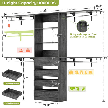Closet System, 8FT Closet Organizer with 4 Wooden Drawers, Wood Closet Organizer System with Tower, Walk-in Closet Organizer Wardrobe