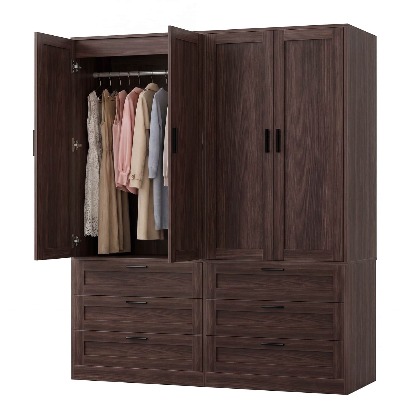Double Armoire Wardrobe Closet Set - 71" Tall 2-in-1 Storage Cabinets with 6 Drawers, 2 Hanging Rods, 20" Extra Depth, Soft-Close Hinges & Metal Handles