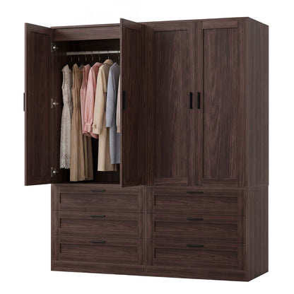 Double Armoire Wardrobe Closet Set - 71" Tall 2-in-1 Storage Cabinets with 6 Drawers, 2 Hanging Rods, 20" Extra Depth, Soft-Close Hinges & Metal Handles