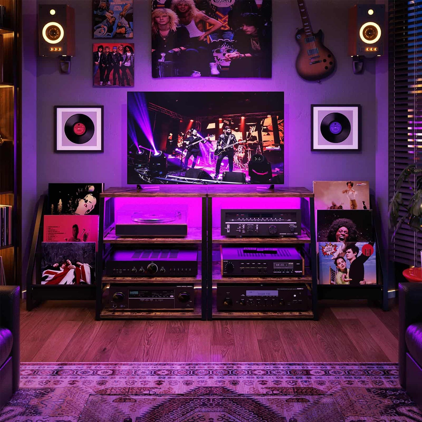 4-Tier Media Stand with Vinyl Storage, Power Outlets & LED Lights