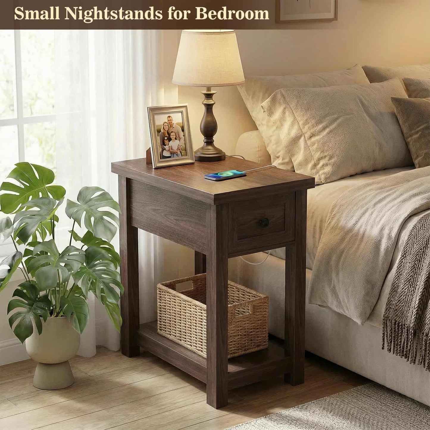2-Pack Farmhouse End Tables with Charging Station - Skinny Nightstand Set With Drawer & Shelf for Small Spaces