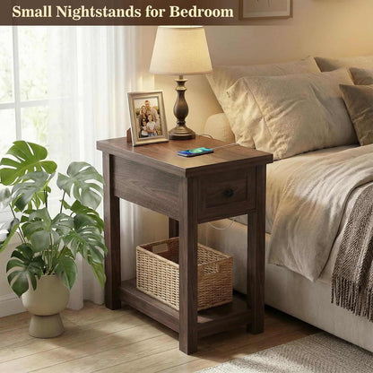 2-Pack Farmhouse End Tables with Charging Station - Skinny Nightstand Set With Drawer & Shelf for Small Spaces