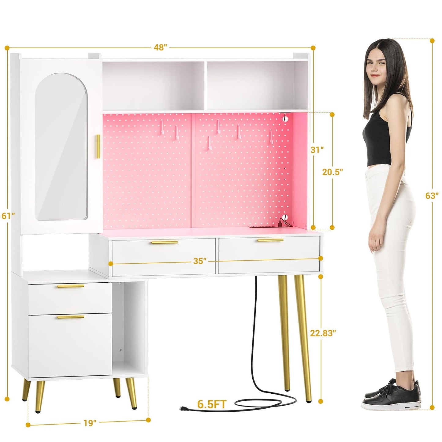 48" Makeup Vanity with Hutch, LED Lighted Mirror & Charging Station, 5 Large Drawers, Shelves, Pegboard & Cabinet