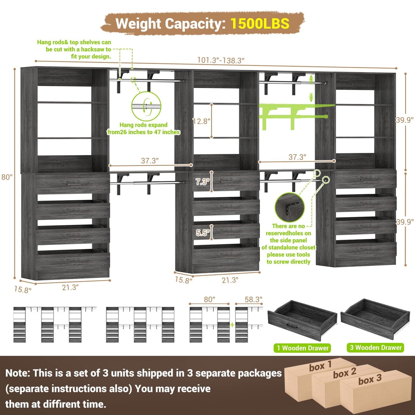 3-Piece L-Shaped Walk-in Closet Organizer System, 138.5" Wood Closet Tower with 12 Drawers & 4 Expandable Hanging Rods, Customizable Wardrobe Storage Set for Bedroom, Apartment