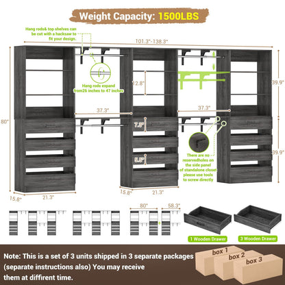 3-Piece L-Shaped Walk-in Closet Organizer System, 138.5" Wood Closet Tower with 12 Drawers & 4 Expandable Hanging Rods, Customizable Wardrobe Storage Set for Bedroom, Apartment