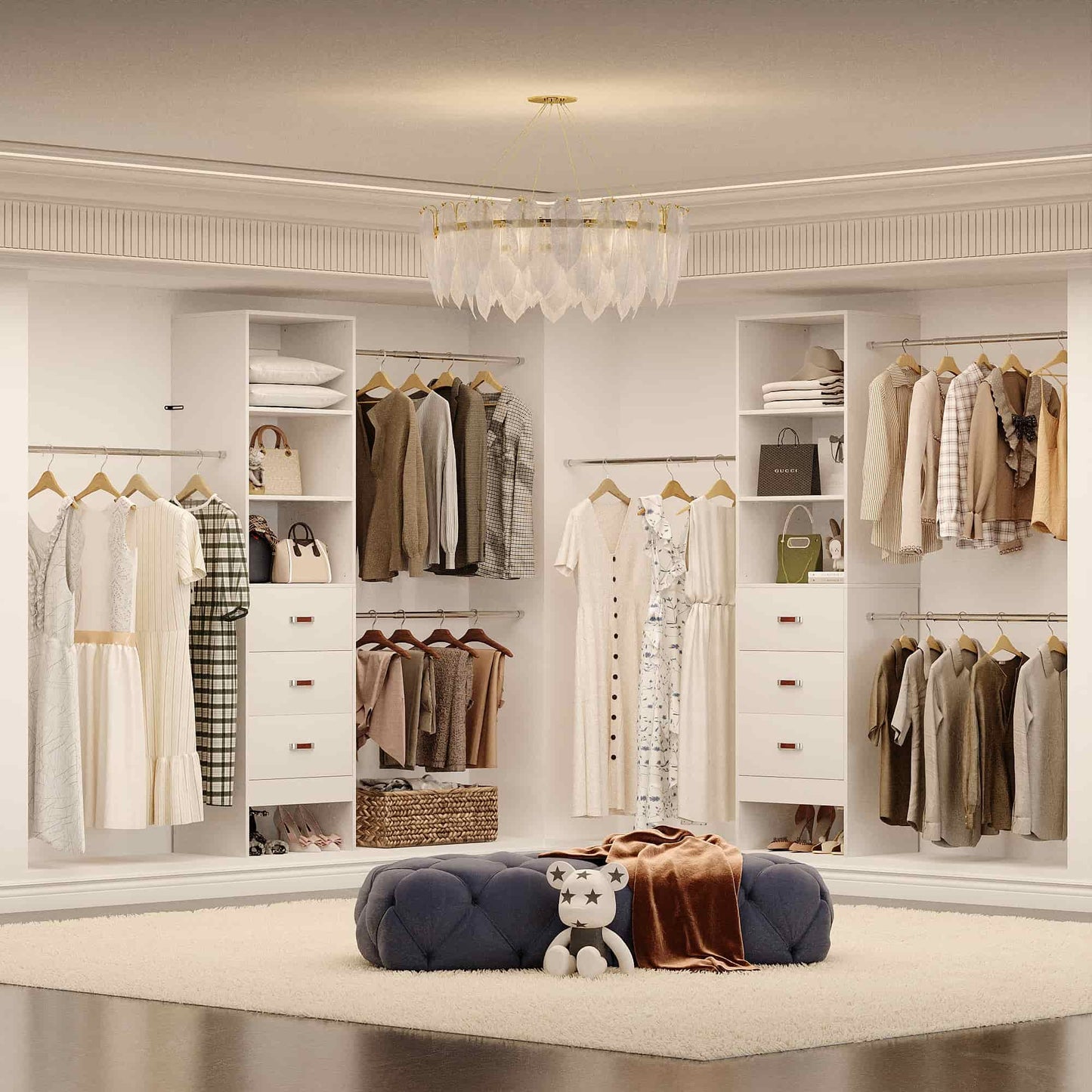 Adjustable 5-8FT Wall-Mounted Closet Organizer System with 3 Hanging Rods & 3 Wood Drawers