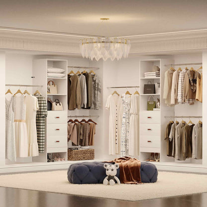 Adjustable 5-8FT Wall-Mounted Closet Organizer System with 3 Hanging Rods & 3 Wood Drawers