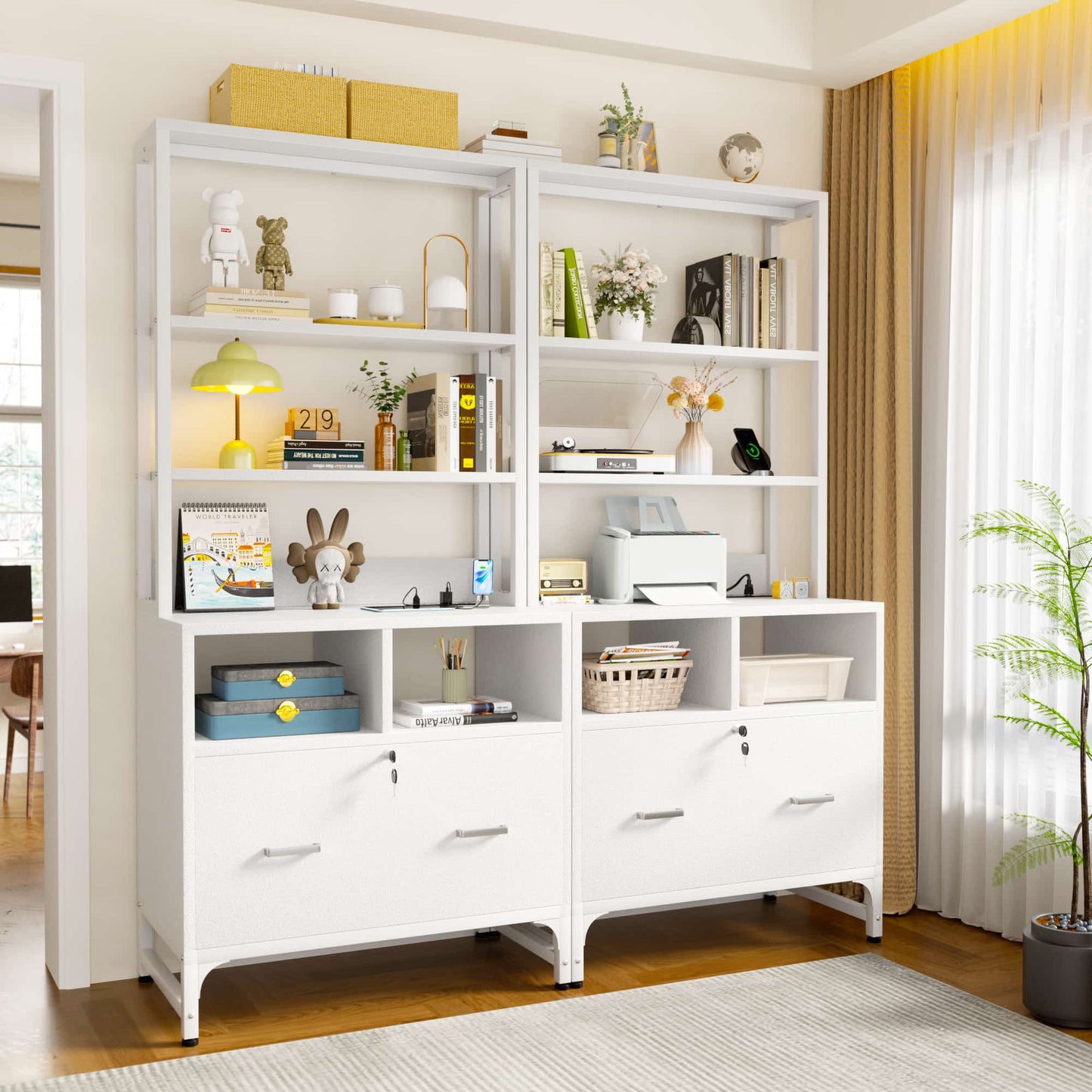 2-Pack Vertical File Cabinet with Shelves, Charging Station, Lock, Large Drawer & Printer Stand