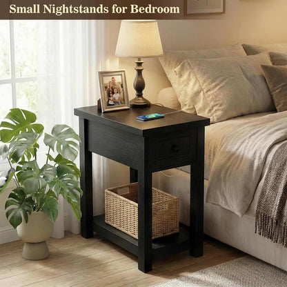 Farmhouse Narrow End Table with Built-in Charging Station – USB Ports & AC Outlets, Drawer & Open Shelf, Slim Side Table