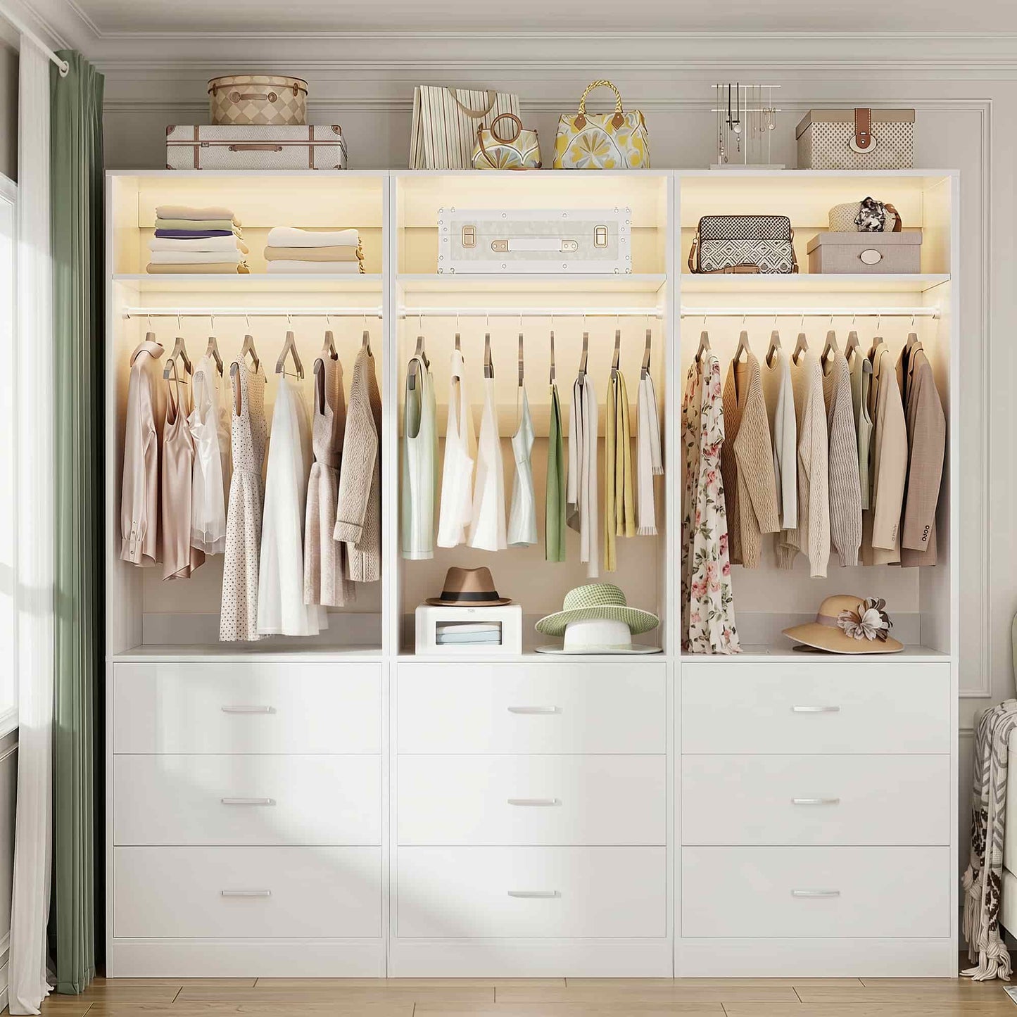 Freestanding Closet System Set - 3-Pack with 3 Wood Drawers Each,With Hanging Rod & Shelves, 24"L x 15"W x 80"H