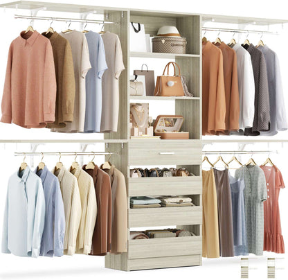 Closet System, 8FT Closet Organizer with 4 Wooden Drawers, Wood Closet Organizer System with Tower, Walk-in Closet Organizer Wardrobe