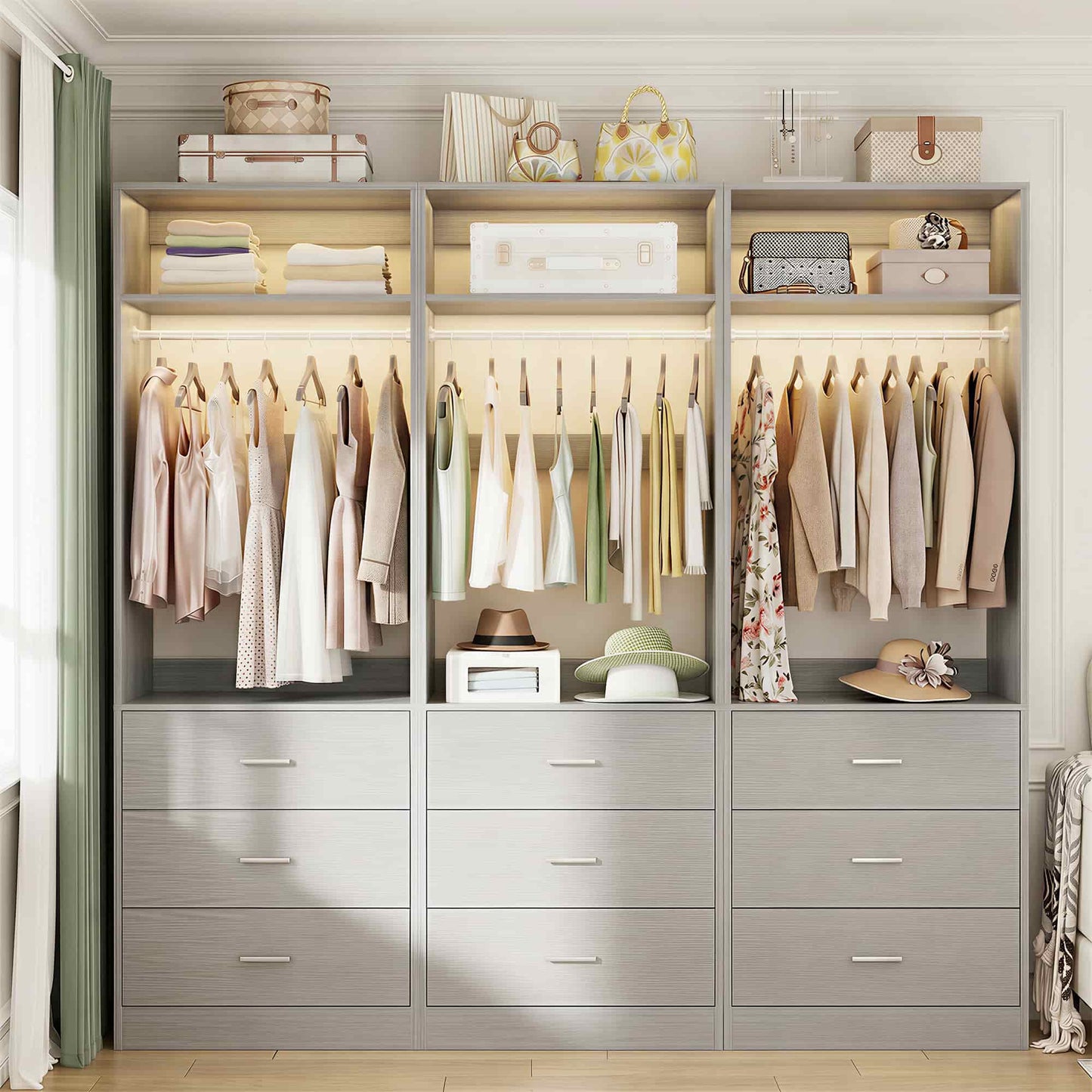 Freestanding Closet System Set - 3-Pack with 3 Wood Drawers Each,With Hanging Rod & Shelves, 24"L x 15"W x 80"H