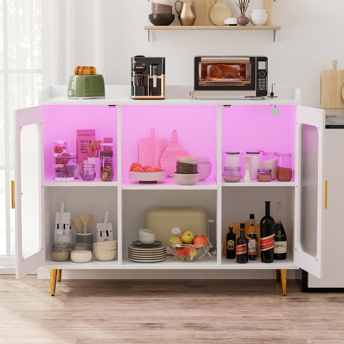 Assembled Wine Bar Cabinet with Power Outlet and LED Lights