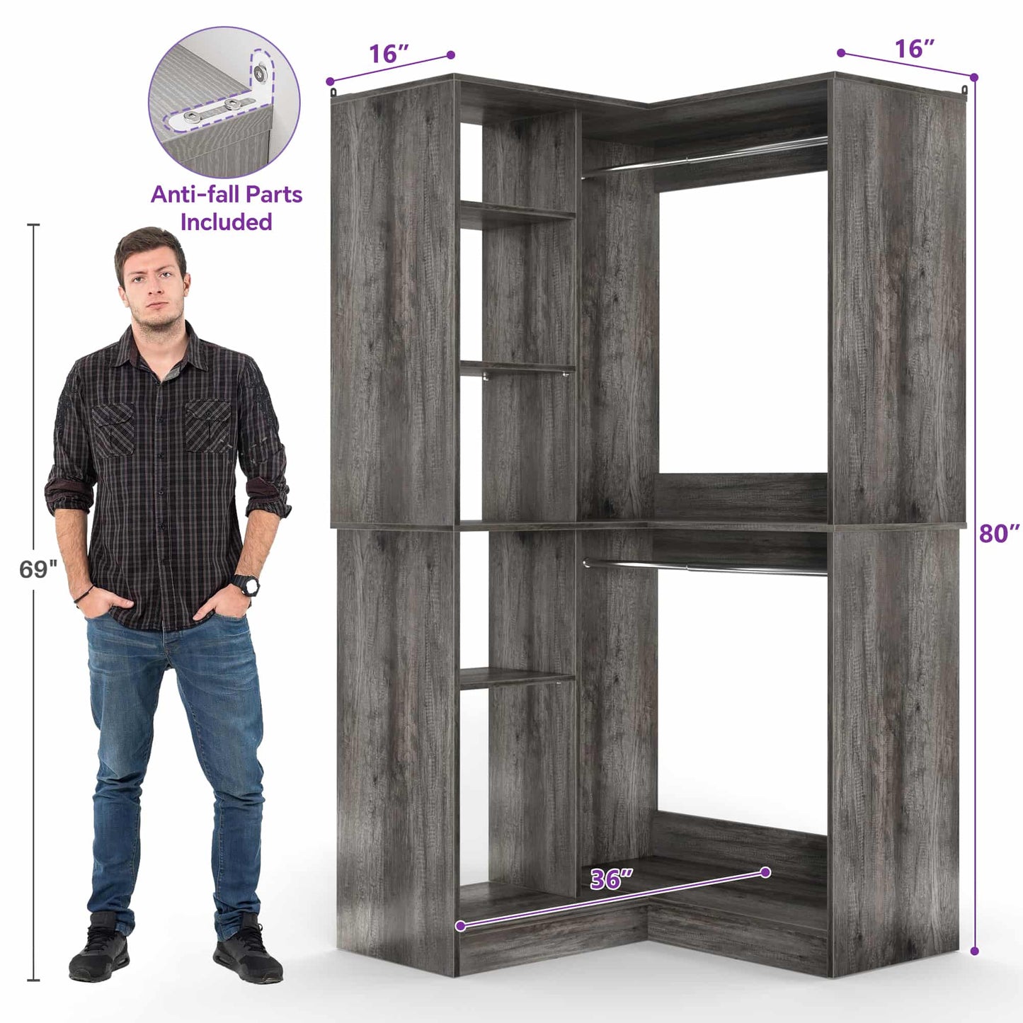 36" Corner Closet System - 2 Rods, Hutches, and 5 Shelves for Versatile Storage, Sturdy and Durable Design Armoire Closet Organizer