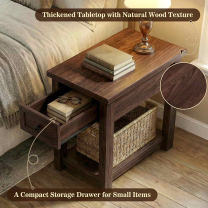 2-Pack Farmhouse End Tables with Charging Station - Skinny Nightstand Set With Drawer & Shelf for Small Spaces