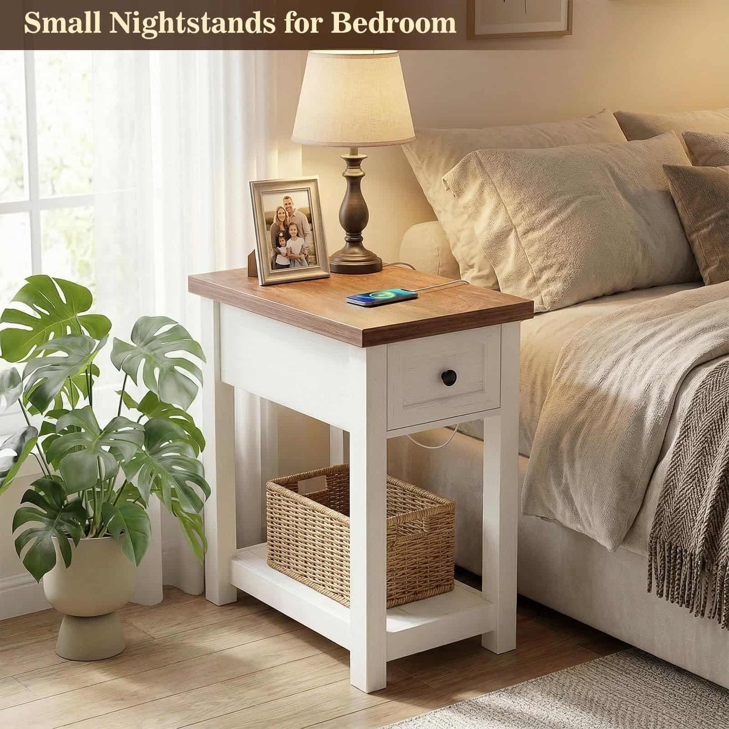 Farmhouse Narrow End Table with Built-in Charging Station – USB Ports & AC Outlets, Drawer & Open Shelf, Slim Side Table