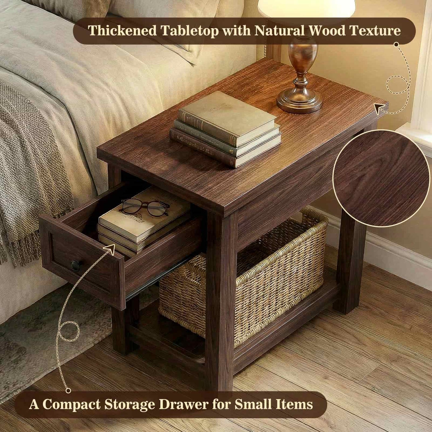 Farmhouse Narrow End Table with Built-in Charging Station – USB Ports & AC Outlets, Drawer & Open Shelf, Slim Side Table