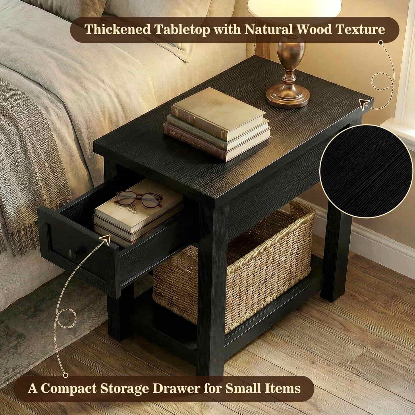 Farmhouse Narrow End Table with Built-in Charging Station – USB Ports & AC Outlets, Drawer & Open Shelf, Slim Side Table