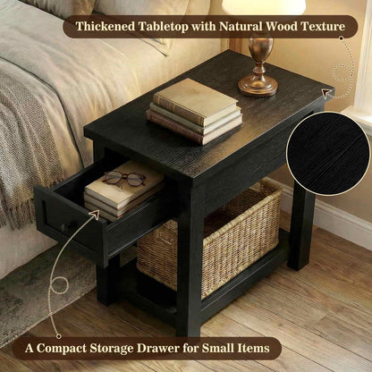 Farmhouse Narrow End Table with Built-in Charging Station – USB Ports & AC Outlets, Drawer & Open Shelf, Slim Side Table
