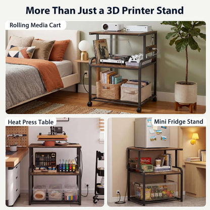 Heavy-Duty 3D Printer Rolling Cart with Power Outlet & Filament Storage, 3-Tier Adjustable Printer Stand for Home Office