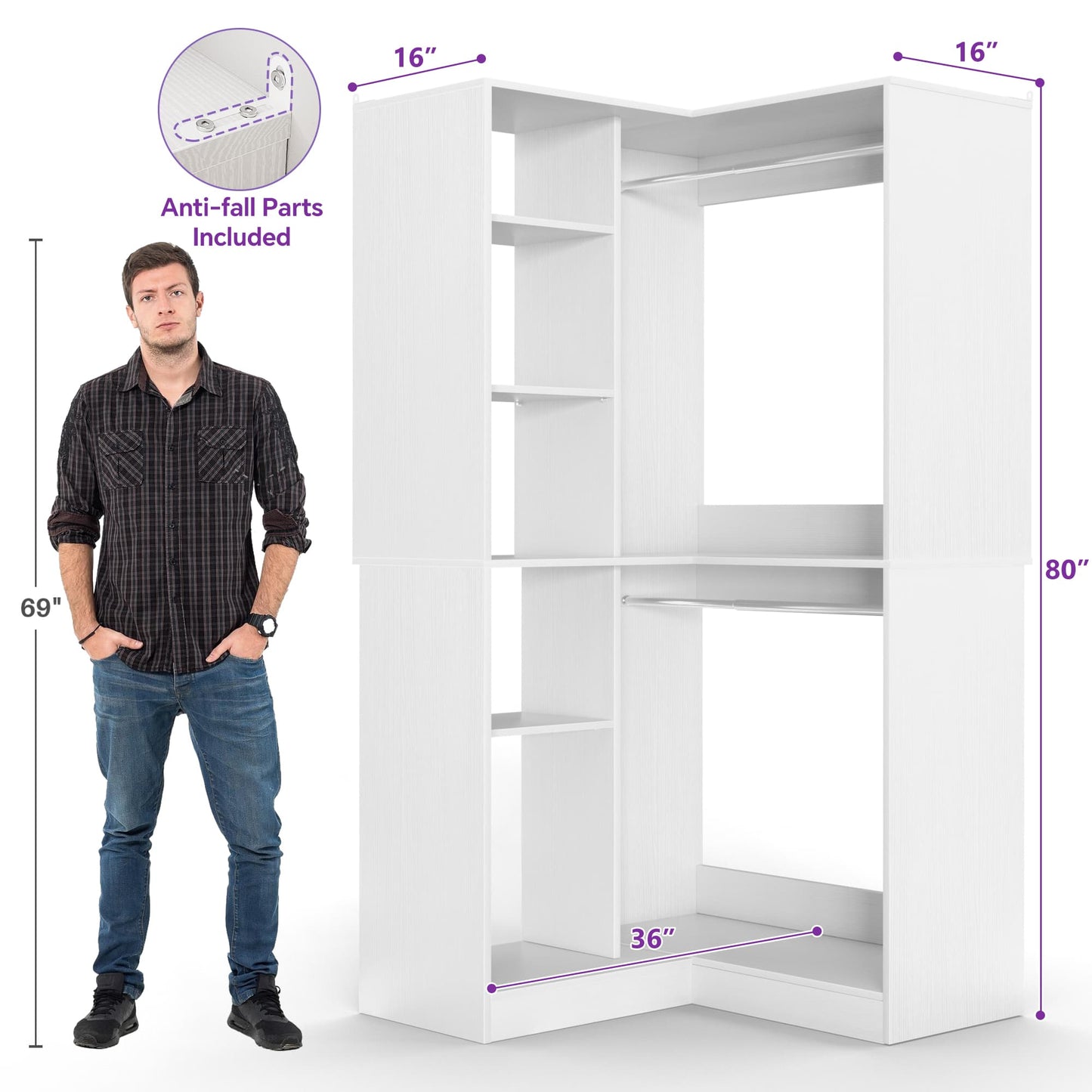 36" Corner Closet System - 2 Rods, Hutches, and 5 Shelves for Versatile Storage, Sturdy and Durable Design Armoire Closet Organizer