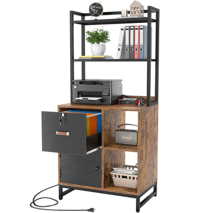 Vertical Filing Cabinet with Lock & Charging Station, Large Drawer Wood File Cabinet with Bookshelf, Printer Stand with Open Storage Shelf