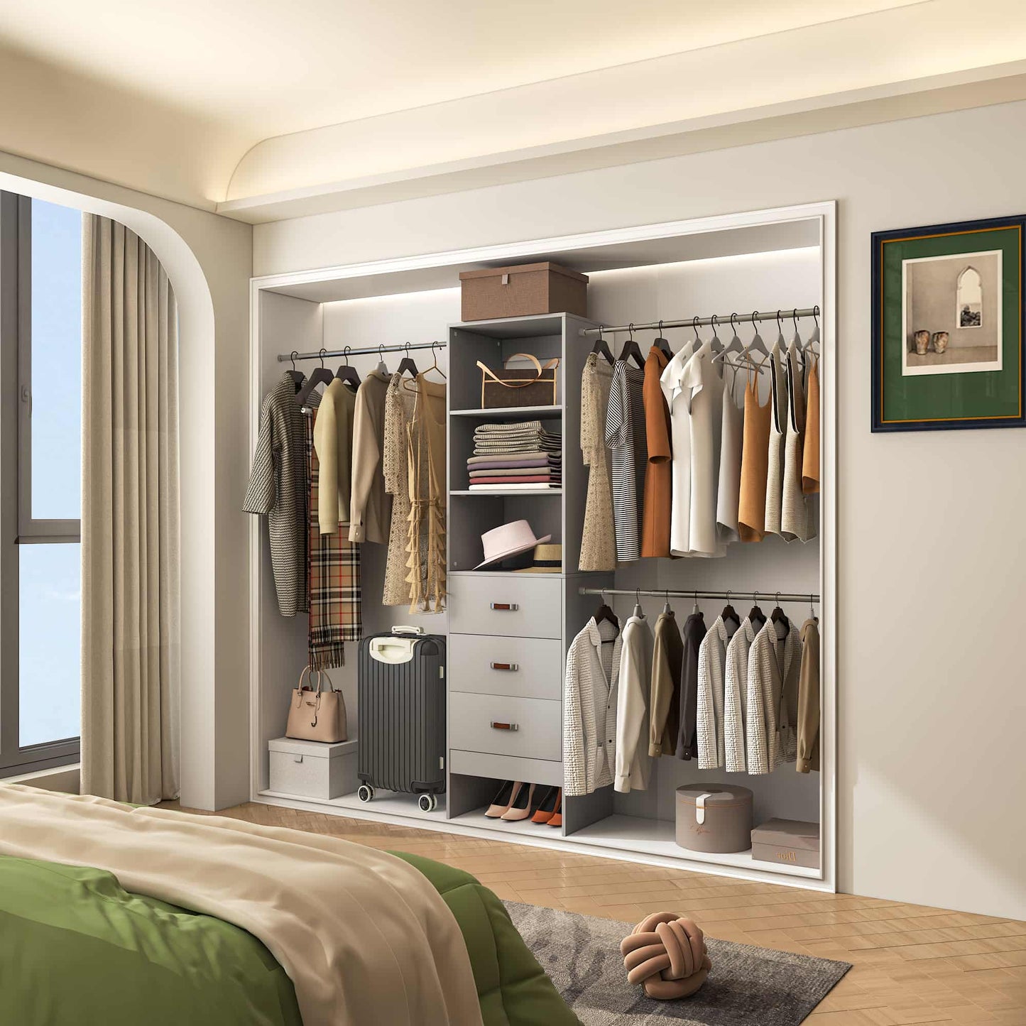 Adjustable 5-8FT Wall-Mounted Closet Organizer System with 3 Hanging Rods & 3 Wood Drawers