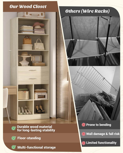 22" Floor-Standing Closet System, Multi-Tiered Wardrobe Storage Unit with Adjustable Shelves & Smooth-Glide Drawers