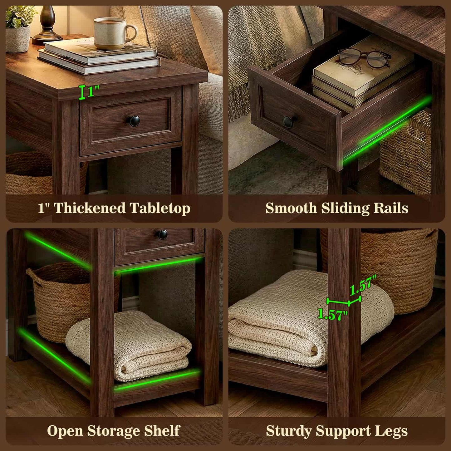 Farmhouse Narrow End Table with Built-in Charging Station – USB Ports & AC Outlets, Drawer & Open Shelf, Slim Side Table